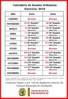 Calendário das Sessões Ordinárias Exercício 2018.