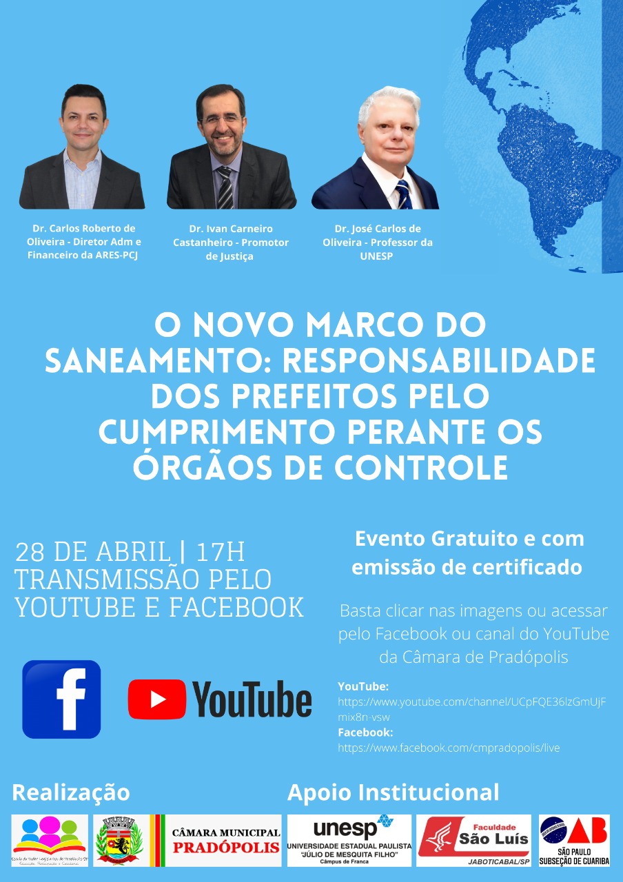 Escola do Poder Legislativo de Pradópolis/SP (EPOLE) promoverá a palestra “O Novo Marco do Saneamento: responsabilidade dos prefeitos pelo cumprimento perante os órgãos de controle”.